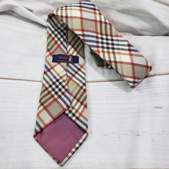 🌞SOLD🌞Vintage Rooster Ruffler Collection Plaid Wool Tie Necktie Red Blue Beige - Picture 4 of 8